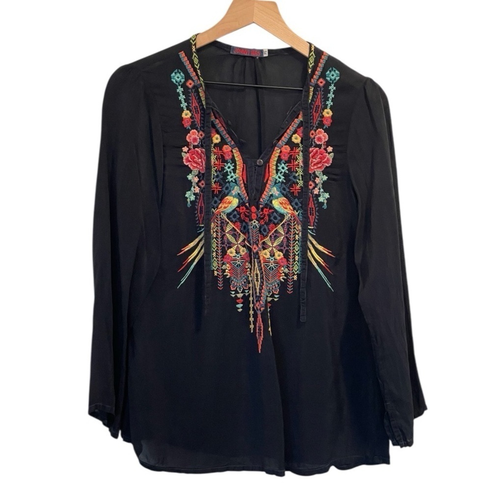 Johnny Was Embroidered Black Women's Blouse, Buttoned V-Neck, Long Sleeve, S - Picture 2 of 16